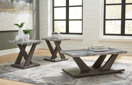 Set of three Bensonale tables by Ashley Furniture, modern wooden table set with sleek design and natural finish.