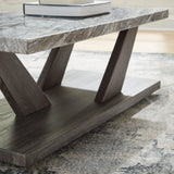 Set of three Bensonale tables from Ashley Furniture, featuring modern wooden tabletop designs and sleek black metal legs.
