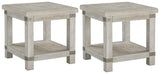Ashley Furniture Carynhurst End Table Set featuring two stylish wooden tables with tapered legs and a warm finish.