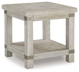 Ashley Carynhurst End Table Set featuring two wooden tables with metal accents, ideal for living room decor.