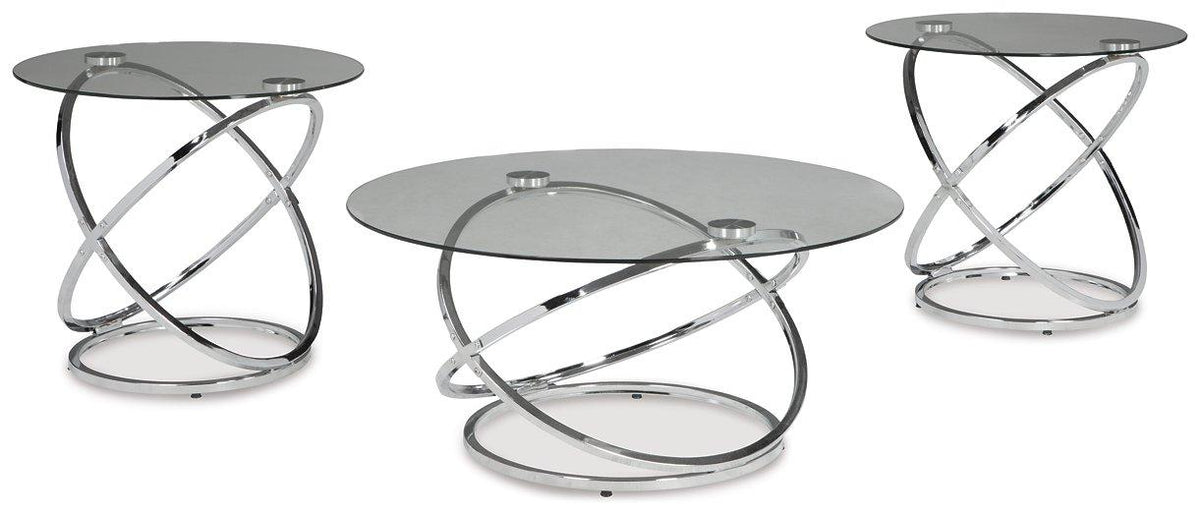 Set of three Ashley Furniture Hollynyx tables, modern wooden table set with sleek design and varied heights, perfect for living room decor.