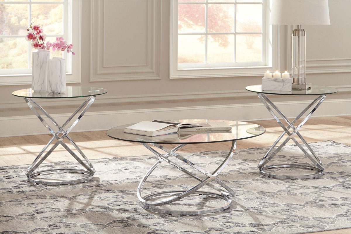 Set of three Ashley Furniture Hollynyx tables, modern wooden table set with sleek designs and varied heights for versatile use.