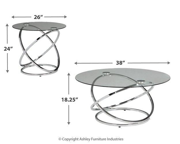 Set of three Ashley Furniture Hollynyx tables, modern table set with sleek wooden surfaces and sturdy legs.