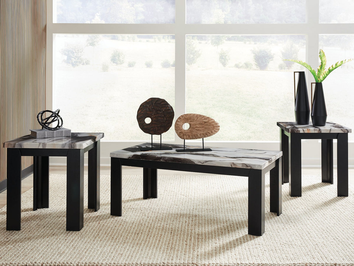 Set of three Ashley Furniture Jazmore tables featuring modern wood finishes and sleek rectangular tabletops.