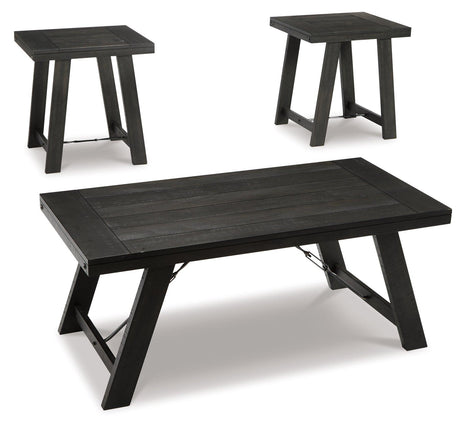 Set of three Ashley Furniture Noorbrook tables featuring modern wood finishes and sleek designs for versatile living room decor.