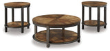 Set of three Roybeck tables from Ashley Furniture, featuring modern wooden table designs with sleek finishes.