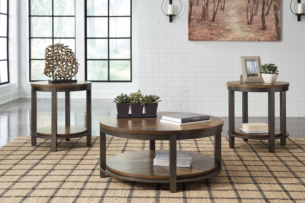Set of three Roybeck tables by Ashley Furniture, modern wooden table set with sleek design and natural wood finish.