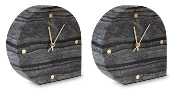 Pair of Ashley Furniture Janmour table clocks as stylish tabletop accessories, featuring modern design and clear clock faces.