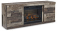 Ashley Furniture Derekson TV stand with integrated electric fireplace, modern wood finish and spacious storage compartments.