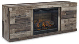 Ashley Furniture Derekson TV stand with integrated electric fireplace, modern wood finish and spacious storage compartments.
