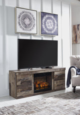 Ashley Furniture Derekson TV stand with electric fireplace, wooden finish, and modern design for living room entertainment setup.