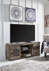 Ashley Furniture Derekson TV stand with integrated electric fireplace, featuring wood finish, storage cabinets, and modern design.