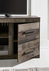 Ashley Furniture Derekson TV Stand with electric fireplace, featuring wood finish, storage cabinets, and a built-in fireplace.