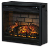 Ashley Furniture Derekson TV stand with electric fireplace, featuring wood finish, multiple compartments, and modern design.
