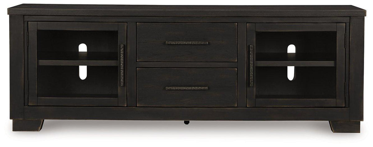 Ashley Furniture Galliden 80-inch TV stand with open shelves and storage compartments, designed for modern living rooms.
