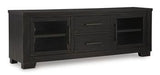 Ashley Furniture Galliden 80-inch TV stand with open shelves and storage cabinets, ideal for modern living room setups.