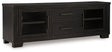 Ashley Furniture Galliden 80-inch TV stand with open shelves and storage drawers, modern wooden finish, ideal for living room.