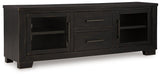 Ashley Furniture Galliden 80-inch TV stand with open shelves and storage drawers, modern wooden finish, ideal for living room.