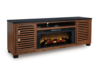 Ashley Furniture Kallari 84-inch TV stand with open shelves and storage cabinets, in a modern dark wood finish.