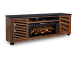 Ashley Furniture Kallari 84-inch TV stand with open shelves and storage cabinets, in a modern dark wood finish.