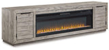 Naydell 92-inch TV stand with electric fireplace by Ashley Furniture, showcasing wood finish and integrated fireplace feature.