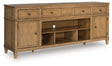 Ashley Furniture Sharlance 81-inch TV stand with open shelves and storage drawers in a contemporary wood finish.