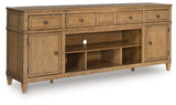 Ashley Furniture Sharlance 81-inch TV stand with open shelves and storage drawers in a contemporary wood finish.