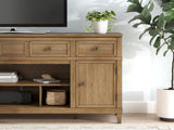 Ashley Furniture Sharlance 81-inch TV stand with open shelving and storage compartments in a modern design.