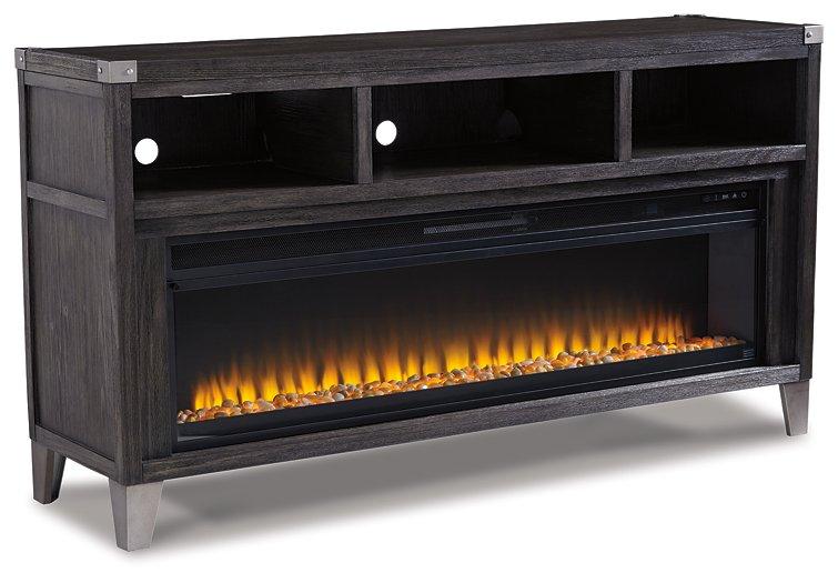 Ashley Furniture Todoe 65-inch TV stand with electric fireplace, dark wood finish, and open shelving for media storage.