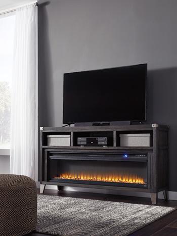 Ashley Furniture Todoe 65-inch TV stand with integrated electric fireplace, featuring a modern design and ample storage space.
