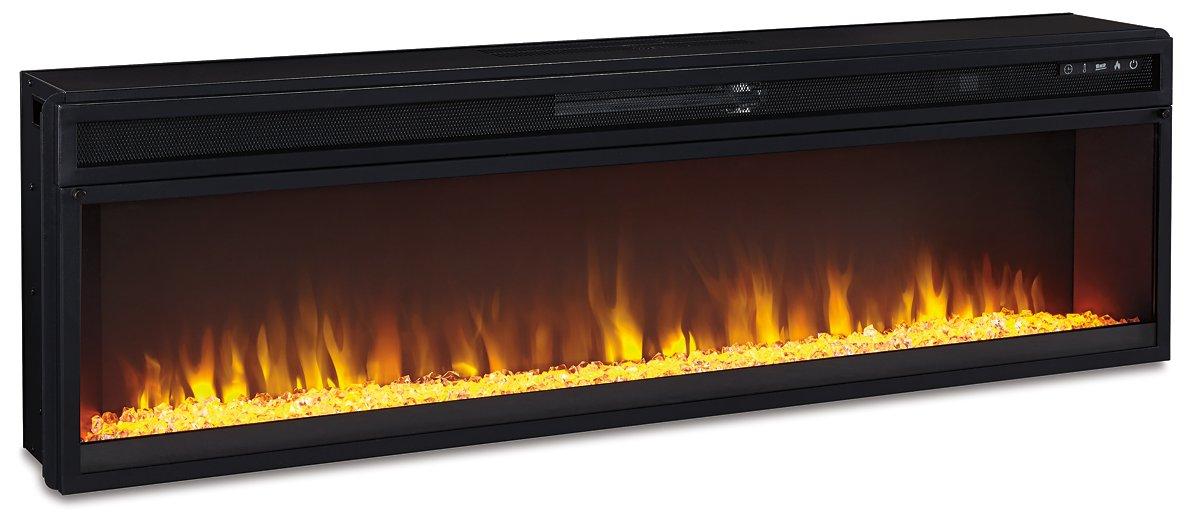 Ashley Furniture Todoe 65-inch TV stand with built-in electric fireplace, featuring wood finish and storage cabinets.