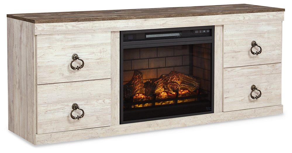 Ashley Furniture Willowton TV Stand with electric fireplace, wooden finish, and storage cabinets for modern living room decor.