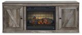 Ashley Furniture Wynnlow TV Stand with electric fireplace, dark wood finish, and storage cabinets for entertainment setup.