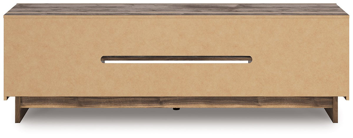 Ashley Furniture Zadilyn 72-inch TV stand with open shelving and storage compartments, dark wood finish, back view image.