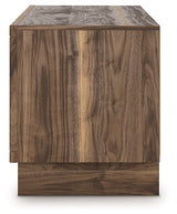 Ashley Furniture Zadilyn 72-inch TV stand with open shelving and storage cabinets in a dark wood finish.