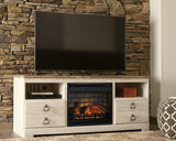 Willowton 64-inch TV stand with electric fireplace by Ashley Furniture, featuring wood finish and storage compartments.