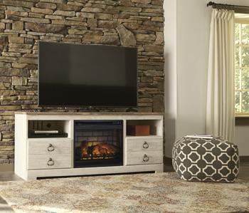 Willowton 64-inch TV stand with electric fireplace by Ashley Furniture, featuring storage cabinets and a modern design.