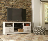 Willowton 64-inch TV stand with electric fireplace from Ashley Furniture, featuring wood finish and open shelving for media storage.