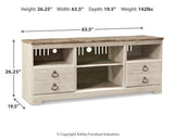 Willowton 64-inch TV stand with electric fireplace by Ashley Furniture, featuring a wood finish and open shelving for entertainment.