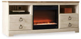 Willowton 64-inch TV stand with electric fireplace by Ashley Furniture, featuring storage cabinets and modern design.