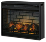 Ashley Wittenmyer 72-inch TV stand with electric fireplace, featuring a sleek wood finish and modern design, shown from a left angle.