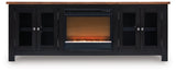 Ashley Furniture Wildenauer 76-inch TV stand with electric fireplace, wood finish, and modern design, shown from front perspective.