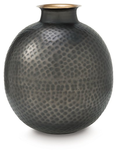Ashley Furniture Woody Vase showing a tall ceramic vase with a textured wood-like finish and neutral earthy tones.
