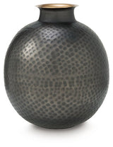 Ashley Furniture Woody Vase showing a tall ceramic vase with a textured wood-like finish and neutral earthy tones.