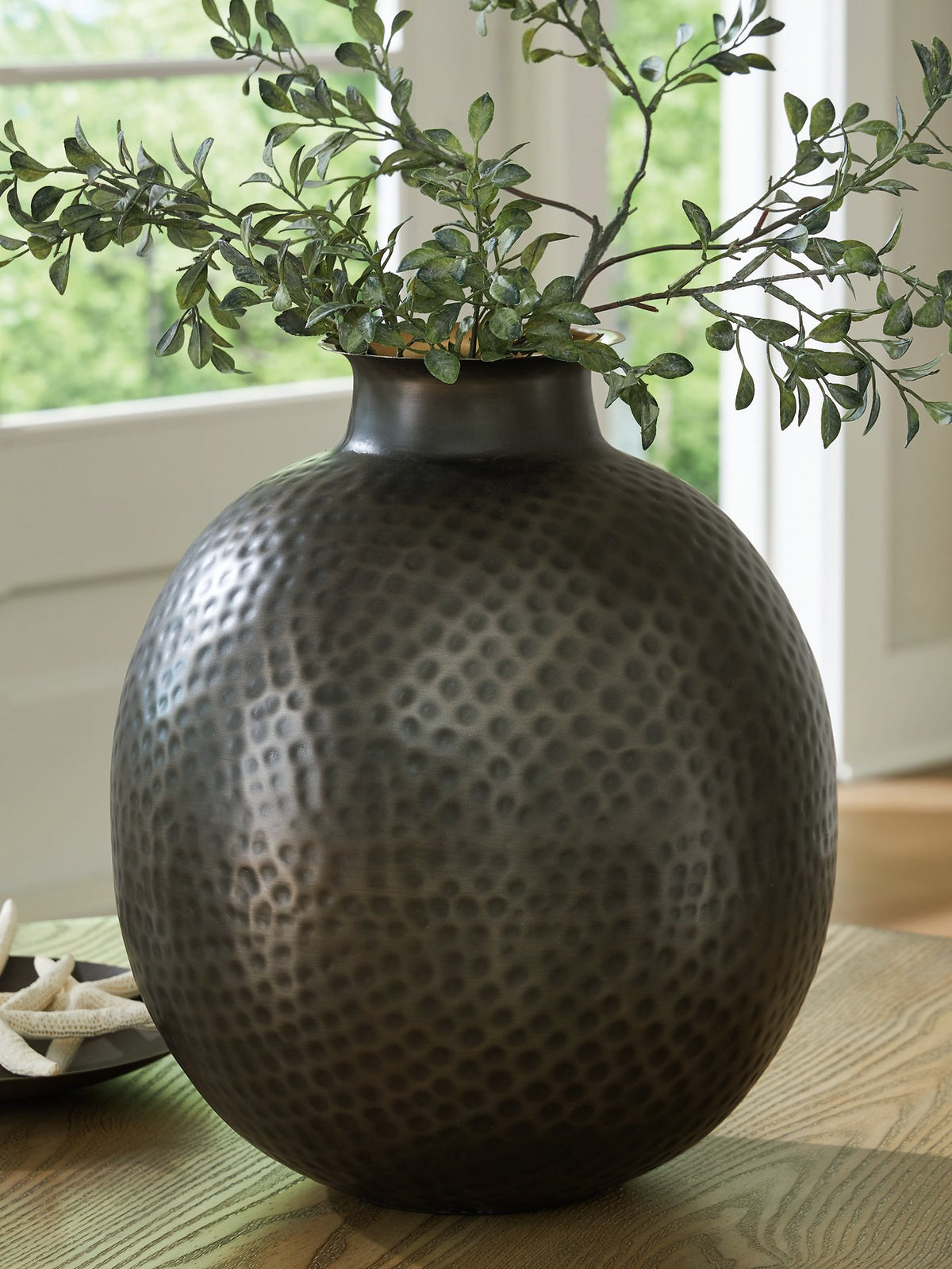 Ashley Furniture Woody Vase, decorative ceramic vase with a natural wood finish, shown in a close-up image.