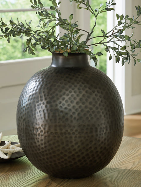 Ashley Furniture Woody Vase, decorative ceramic vase with a natural wood finish, shown in a close-up image.