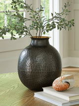 Ashley Furniture Woody Vase, decorative ceramic vase with a rustic wood finish, shown on a white background.