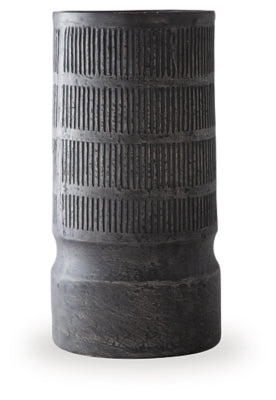 Beninworth Vase by Ashley Furniture, decorative ceramic vase with intricate blue and white patterns on a wooden surface.