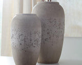 Set of two Ashley Furniture Dimitra vases with sleek, modern design and neutral finish, perfect for decorative display.
