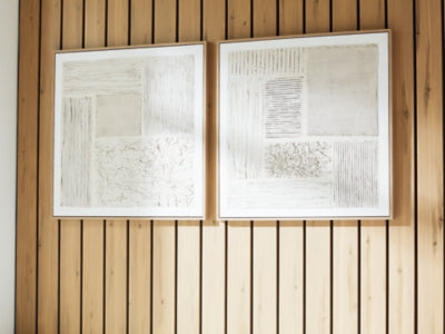 Pair of Ashley Furniture Andorfield Wall Art pieces featuring modern abstract designs on canvas.